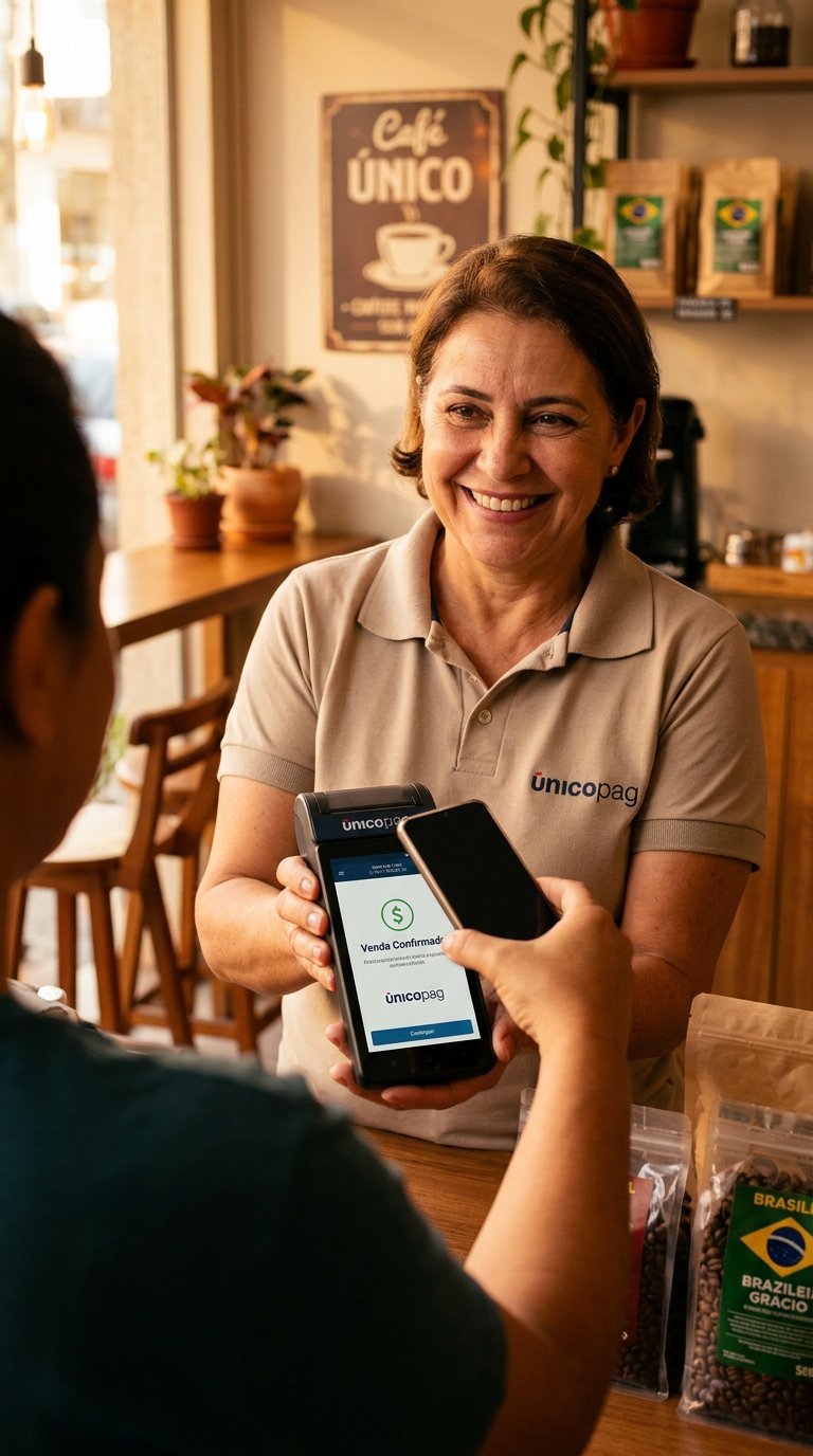 Dona de café local sorrindo após confirmar venda na maquininha ÚnicoPag