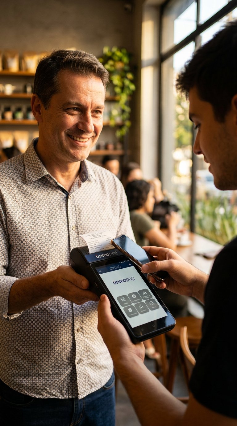 Lojista entregando comprovante e cliente pagando pelo celular